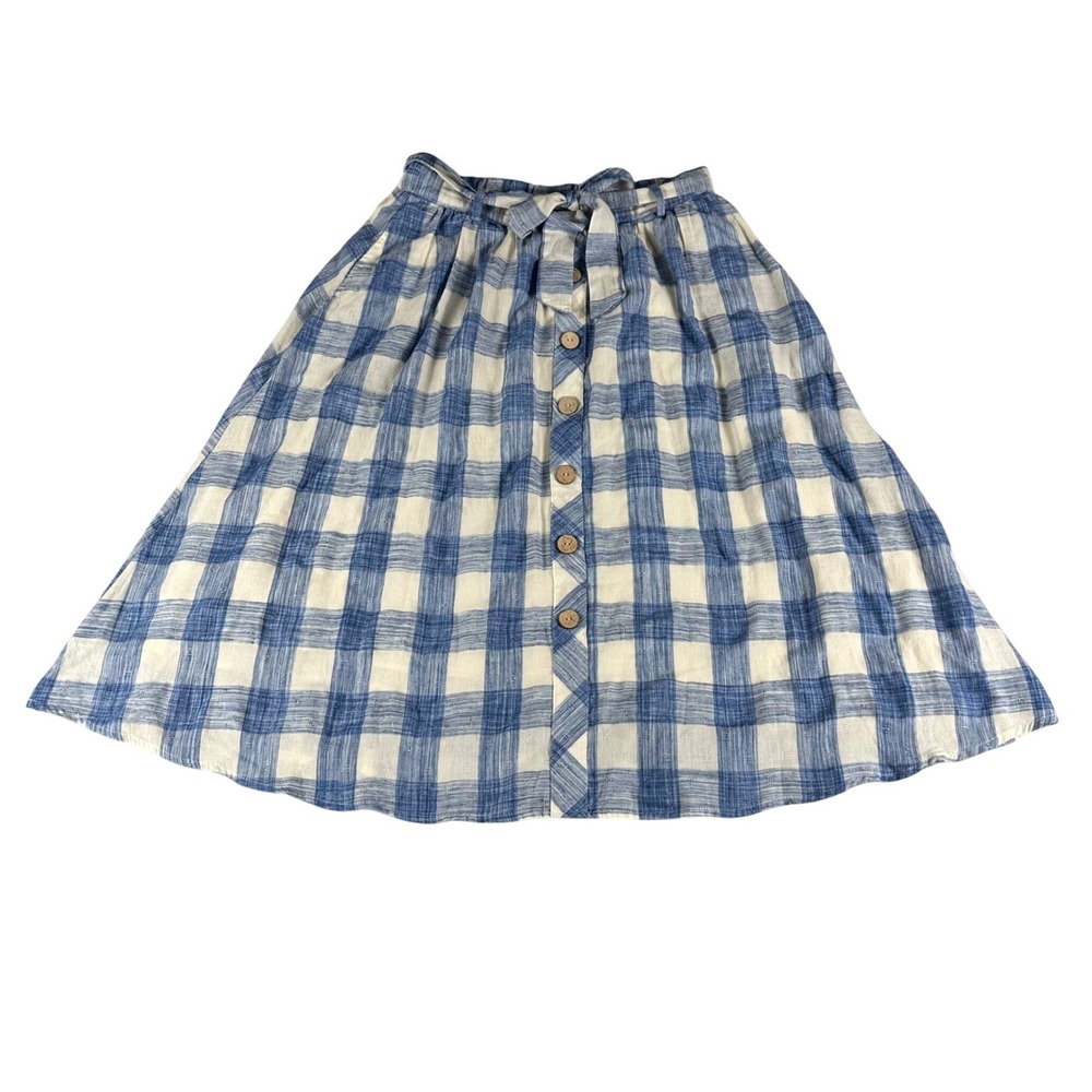 Mi Ami Midi Skirt Women M Blue Gingham Cottagecore Boho Button Front Tie Waist